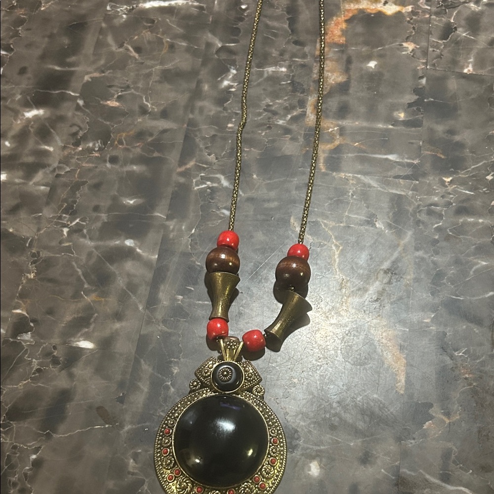 Vintage Gold and Red Beaded Necklace